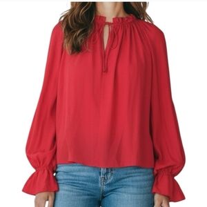 Madewell Red long sleeve‎ tie neck Ruffle Blouse women's XL NWTs office festive